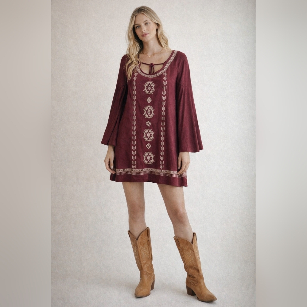 Embroidered Cowgirl Burgundy Southwestern Dress